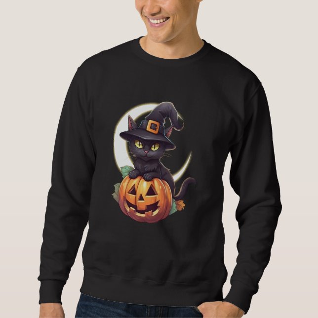 Cute Black Cat Jack O'Lantern Pumpkin Moon Hallowe Sweatshirt (Front)