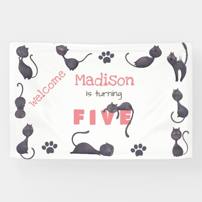 Cute Black cat kids birthday welcome Banner (Horizontal)