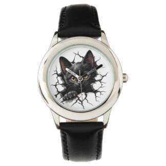 Cute Black Cat Kids Watch with Cracked Glass Illus