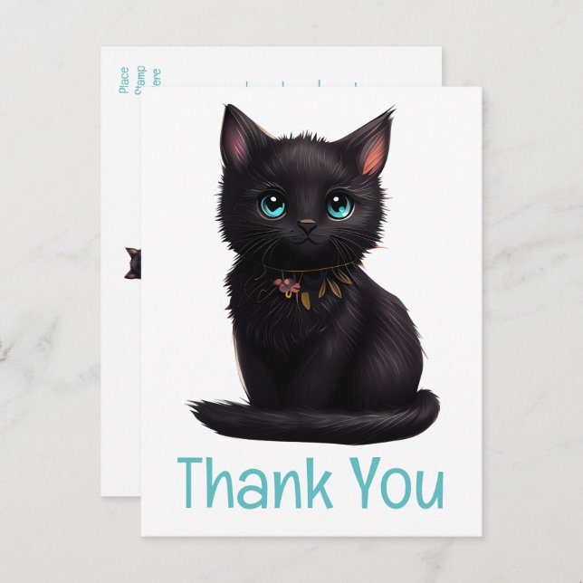 Cute Black Cat Kitten Kitty Thank You  Postcard (Front/Back)