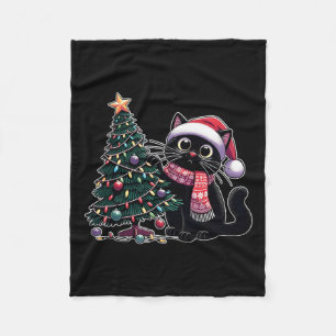 Cute Black Cat Kitten Santa Hat Christmas Tree Xma Fleece Blanket