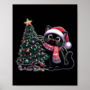 Cute Black Cat Kitten Santa Hat Christmas Tree Xma Poster