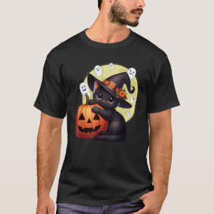 Cute Black Cat Kitten Witch Hat Pumpkin Moon Hallo T-Shirt
