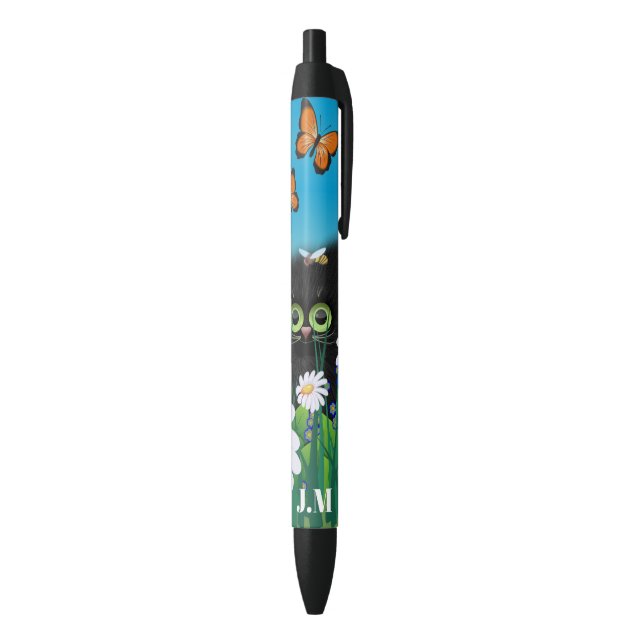 Cute Black Cat Kitten with Daisies Monogram Ink Pen (Bottom (Vertical))