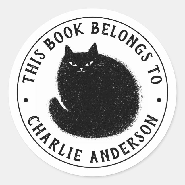 Cute black cat library bookplate book classic round sticker (Front)