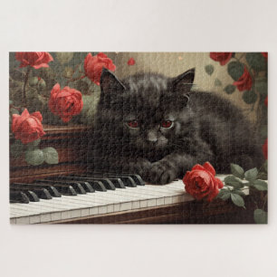 Cute black cat lying on piano jigsaw puzzle