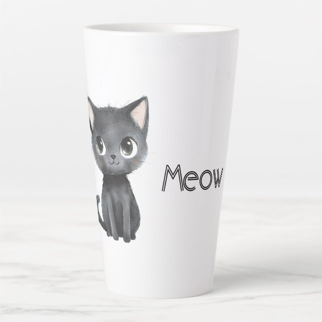 Cute Black Cat Meow Latte Mug (Front)