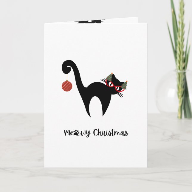 Cute Black Cat Meowy Christmas Greeting Card (Front)