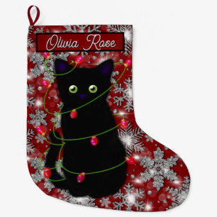 Cute black cat Meowy Christmas sparkling snowflake Large Christmas Stocking