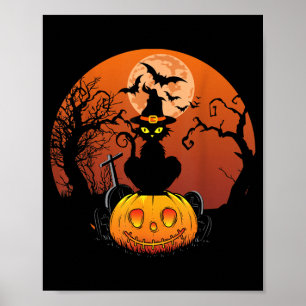 Cute Black Cat Moon Pumpkin Funny Halloween Horror Poster