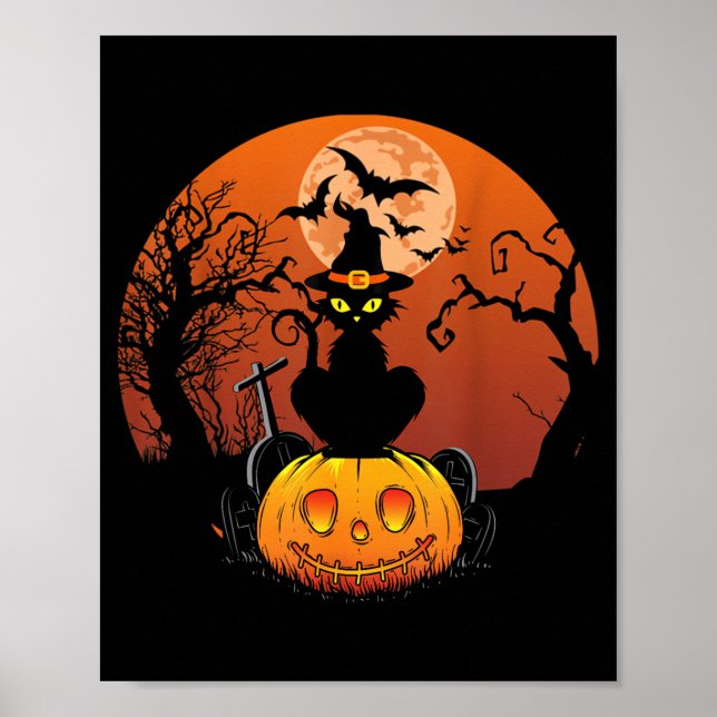 Cute Black Cat Moon Pumpkin Funny Halloween Horror Poster (Front)