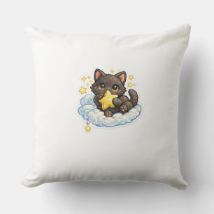 Cute Black Cat on a Magical Cloud – Kawaii Fantasy Cushion