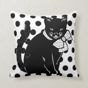 Cute Black Cat on Black & White Polka Dots Pillow