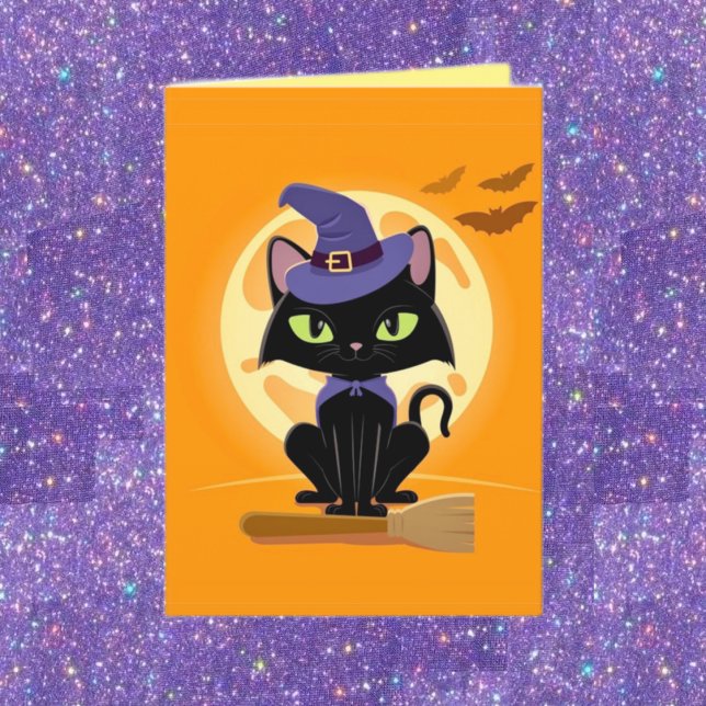 Cute Black Cat on broomHalloween Card (Creator Uploaded)