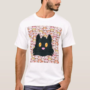 Cute Black Cat on Colorful Cats Pattern Art T-Shirt
