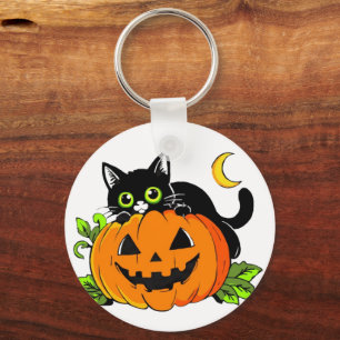 Cute Black Cat on Halloween Jack-O'-Lantern Pumpki Key Ring