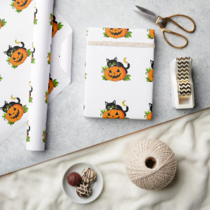 Cute Black Cat on Halloween Jack-O'-Lantern Pumpki Wrapping Paper