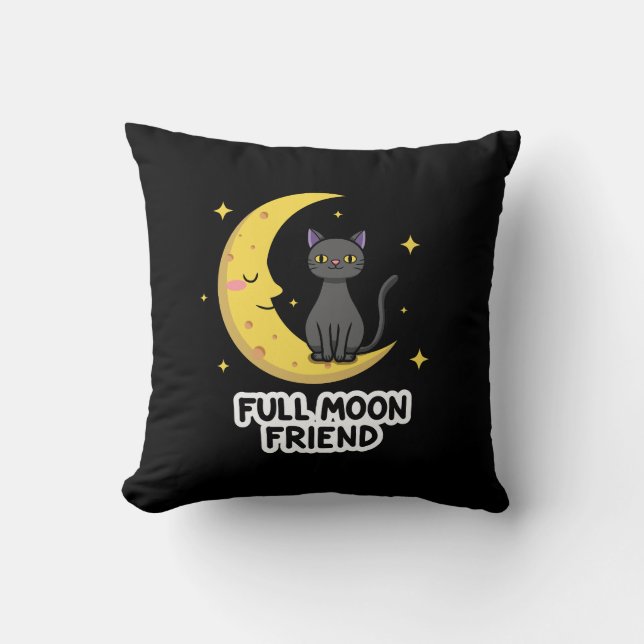 Cute Black Cat on Moon - Full Moon Friend Cushion (Front)