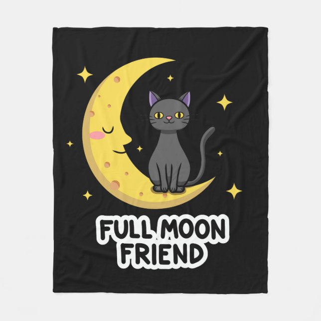 Cute Black Cat on Moon - Full Moon Friend Fleece Blanket (Front)