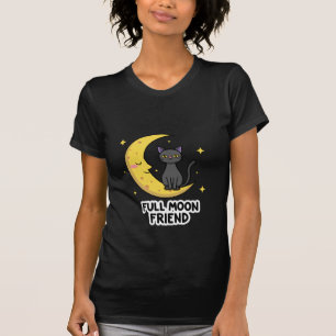 Cute Black Cat on Moon - Full Moon Friend T-Shirt