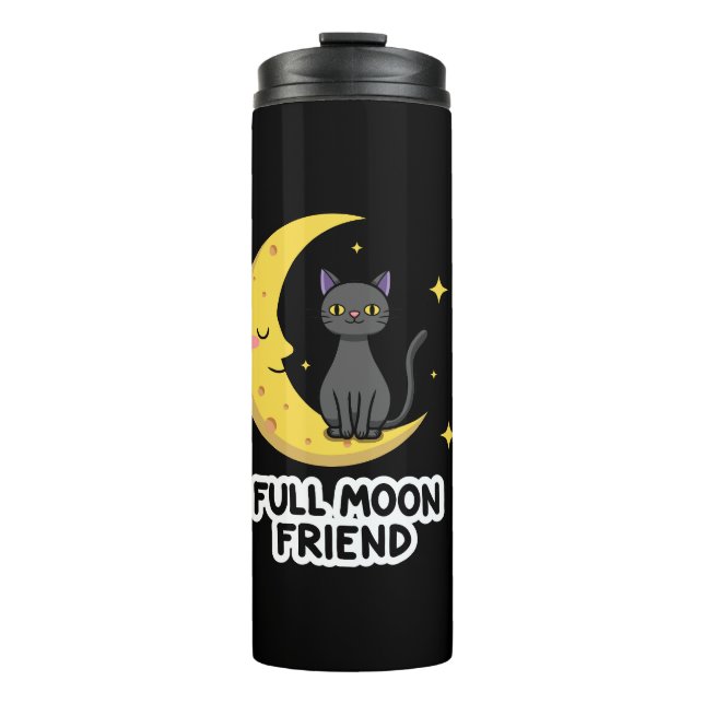 Cute Black Cat on Moon - Full Moon Friend Thermal Tumbler (Front)