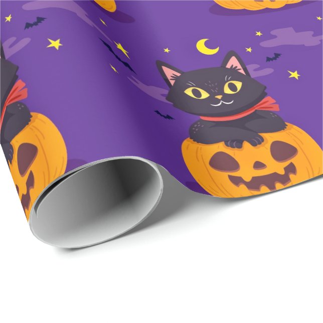 Cute Black Cat on Pumpkin Halloween Wrapping Paper (Roll Corner)