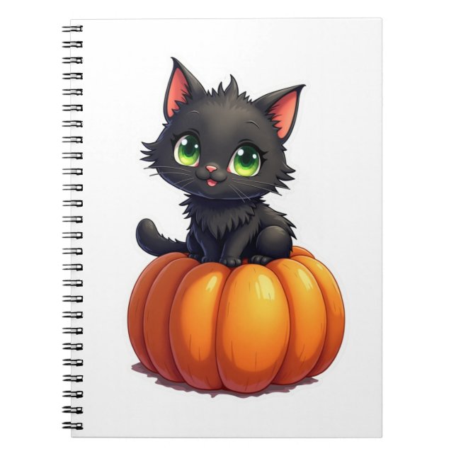 Cute Black Cat On Pumpkin Whimsical Halloween Notebook (Front)