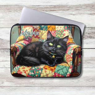 Cute Black Cat on Rocking Chair Personalised Laptop Sleeve