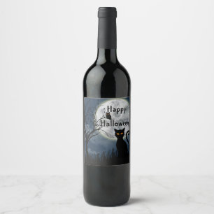 Cute Black Cat Owl Moon Graphic Halloween Wine Label