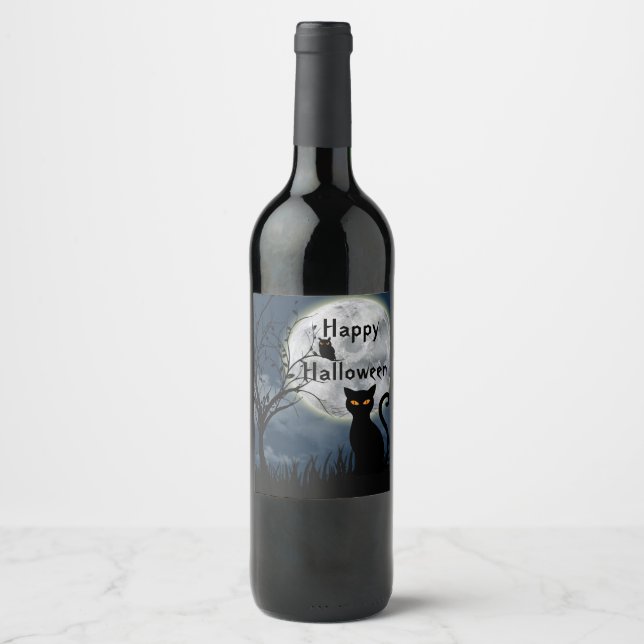 Cute Black Cat Owl Moon Graphic Halloween Wine Label (Front)