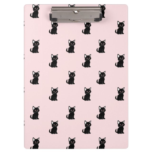 Cute Black Cat Pattern on Pastel Pink Clipboard (Front)