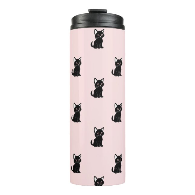 Cute Black Cat Pattern on Pastel Pink Thermal Tumbler (Front)