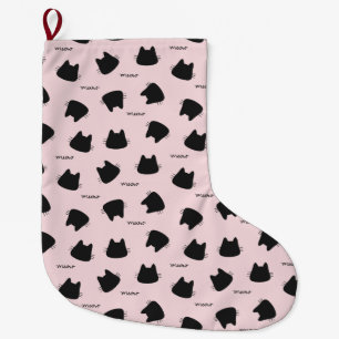 Cute Black Cat Pattern Pink Meow Kitty Large Christmas Stocking