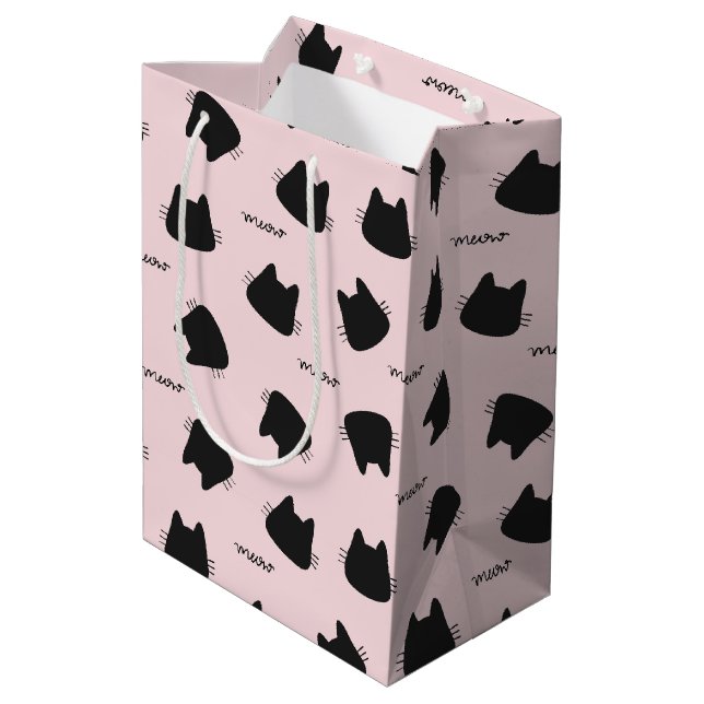 Cute Black Cat Pattern Pink Meow Kitty Medium Gift Bag (Back Angled)