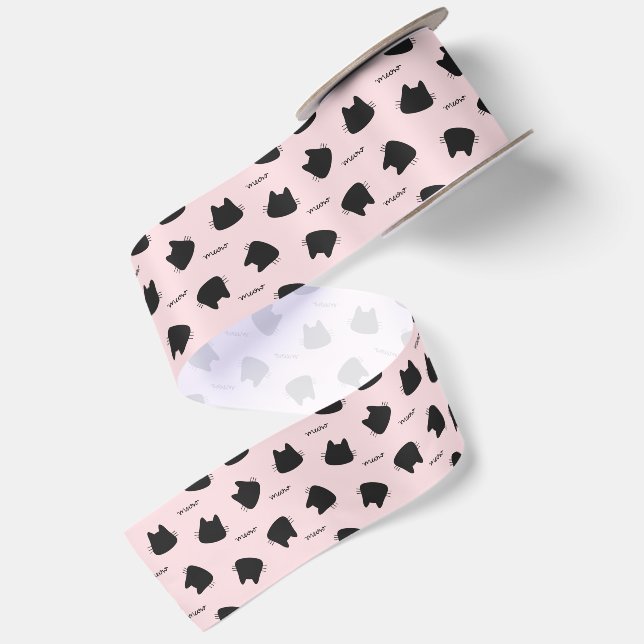 Cute Black Cat Pattern Pink Meow Kitty Satin Ribbon (Front+Back)
