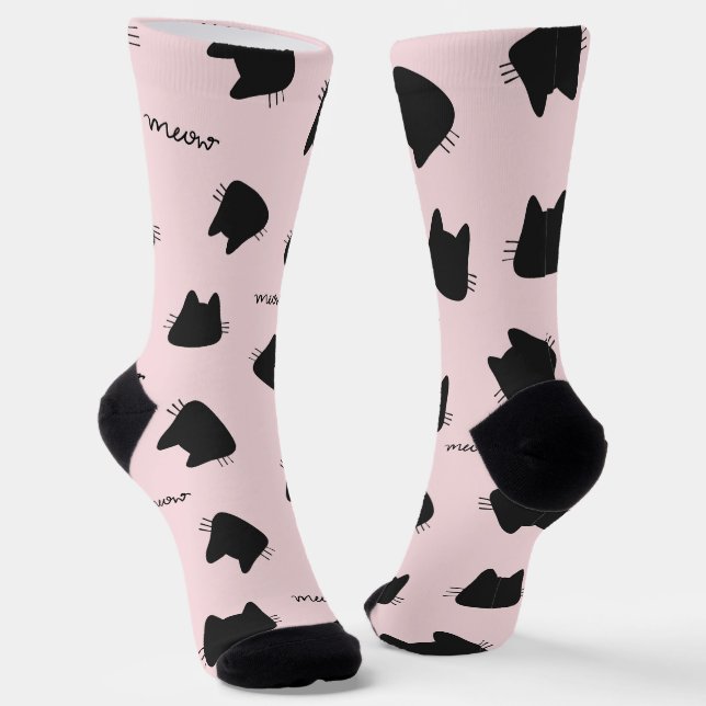 Cute Black Cat Pattern Pink Meow Kitty Socks (Angled)