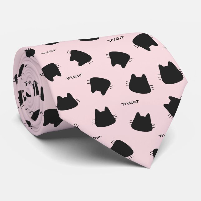 Cute Black Cat Pattern Pink Meow Kitty Tie (Rolled)