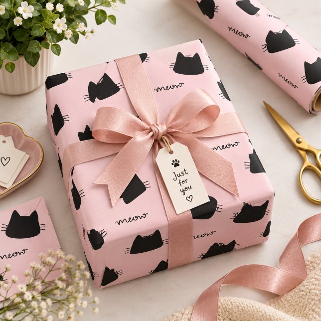 Cute Black Cat Pattern Pink Meow Kitty Wrapping Paper (Creator Uploaded)