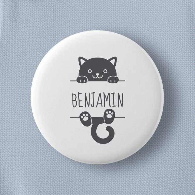 Cute Black Cat Peeking behind Custom Name 2 6 Cm Round Badge (Creator Uploaded)