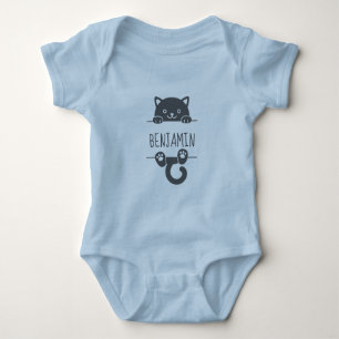 Cute Black Cat Peeking behind Custom Name Baby Bodysuit