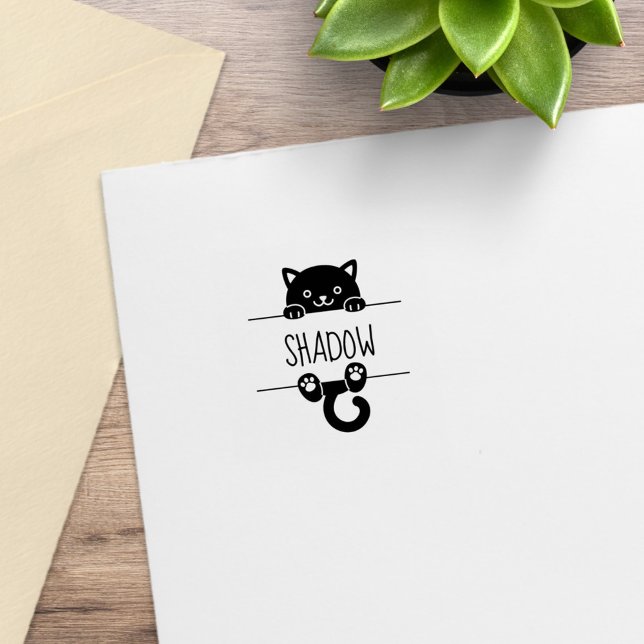 Cute Black Cat Peeking Custom Name 1x1 Rubber Stamp (Creator Uploaded)