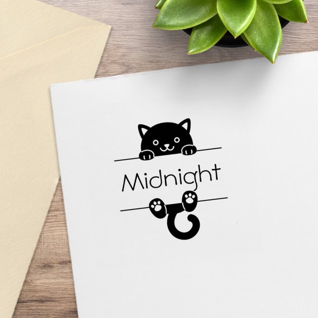 Cute Black Cat Peeking Custom Name Rubber Stamp (Creator Uploaded)