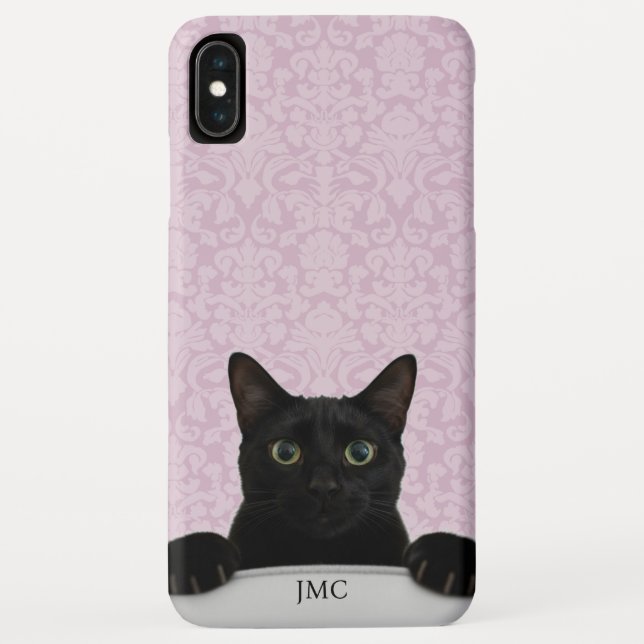 Cute Black Cat Peeking Dusty Pink Damask Case-Mate iPhone Case (Back)