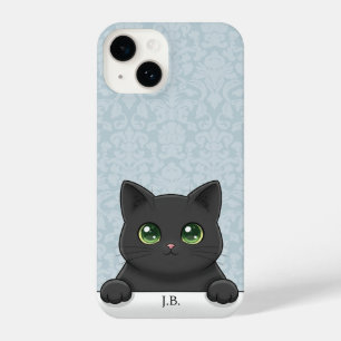 Cute Black Cat Peeking Kawaii Cartoon Blue Damask iPhone 14 Case