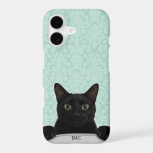 Cute Black Cat Peeking Mint Damask