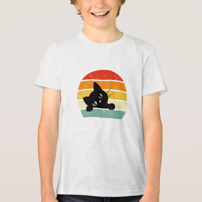 Cute Black Cat Peeking Retro Sunset Tri-Blend Shirt (Front)