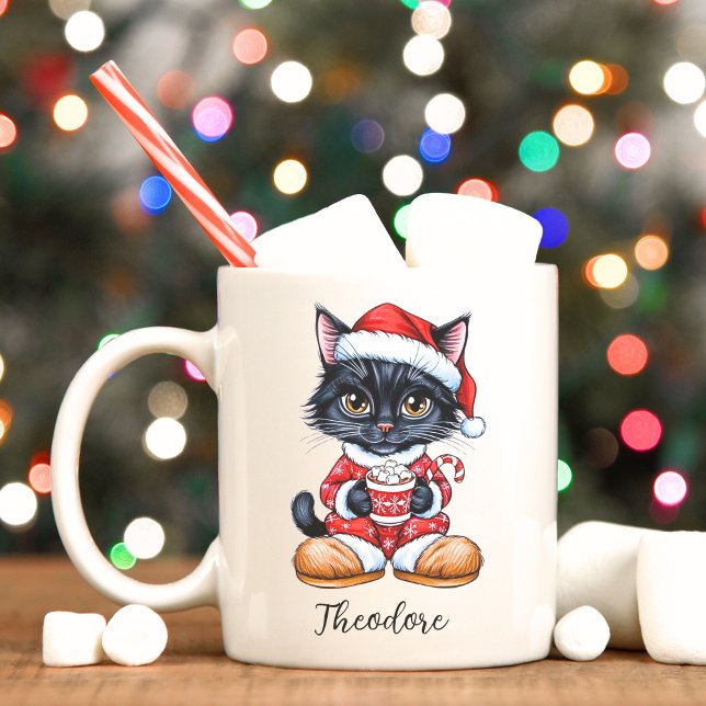 Cute Black Cat personalised Christmas Mug (Black cat personalized Christmas mug.)