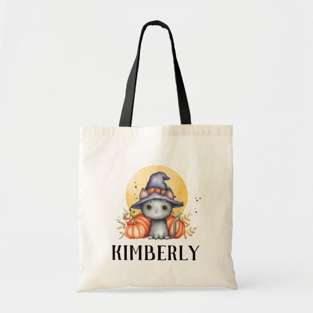 Cute Black Cat Personalised Halloween  Tote Bag (Front)