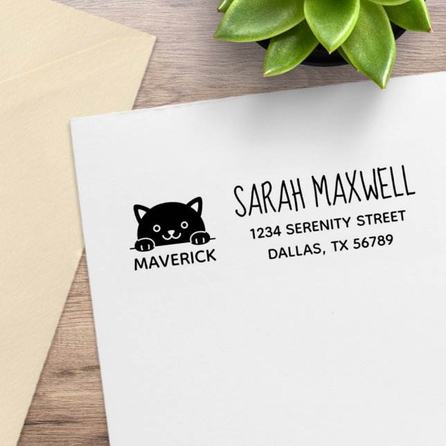 Cute Black Cat Pet Name Address Rubber Stamp (Creator Uploaded)