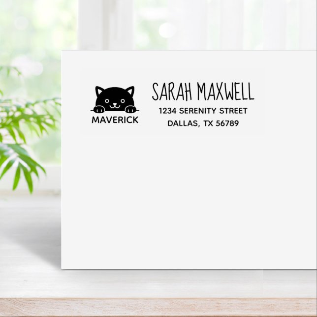 Cute Black Cat Pet Name Address Rubber Stamp (Creator Uploaded)